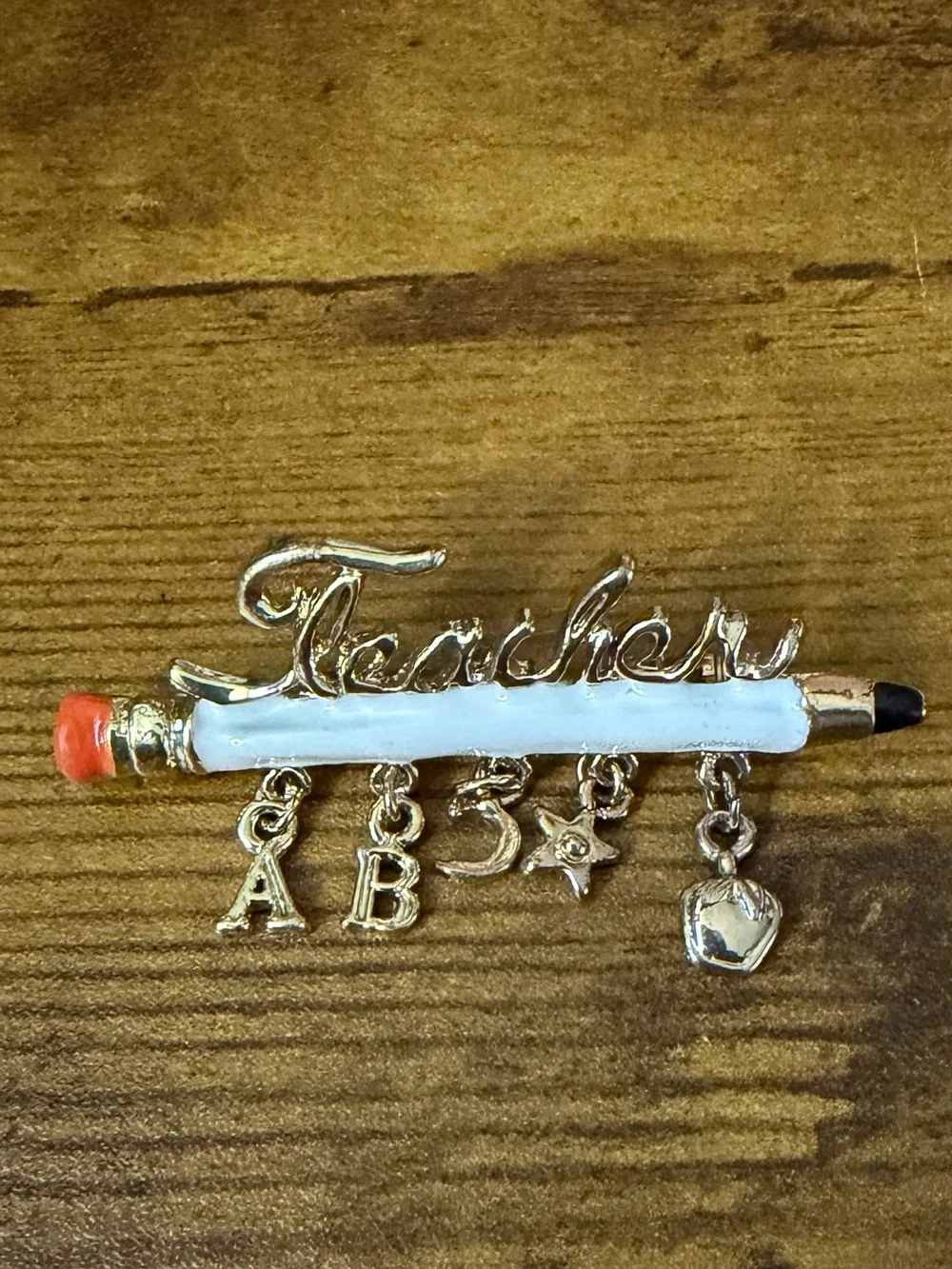 Teacher Pencil Brooch Pin ABC Star Apple Charms Enamel Metal Multicolor 2.5” EUC